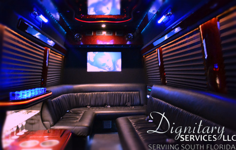 inside one of our party buses with lighting and bar service